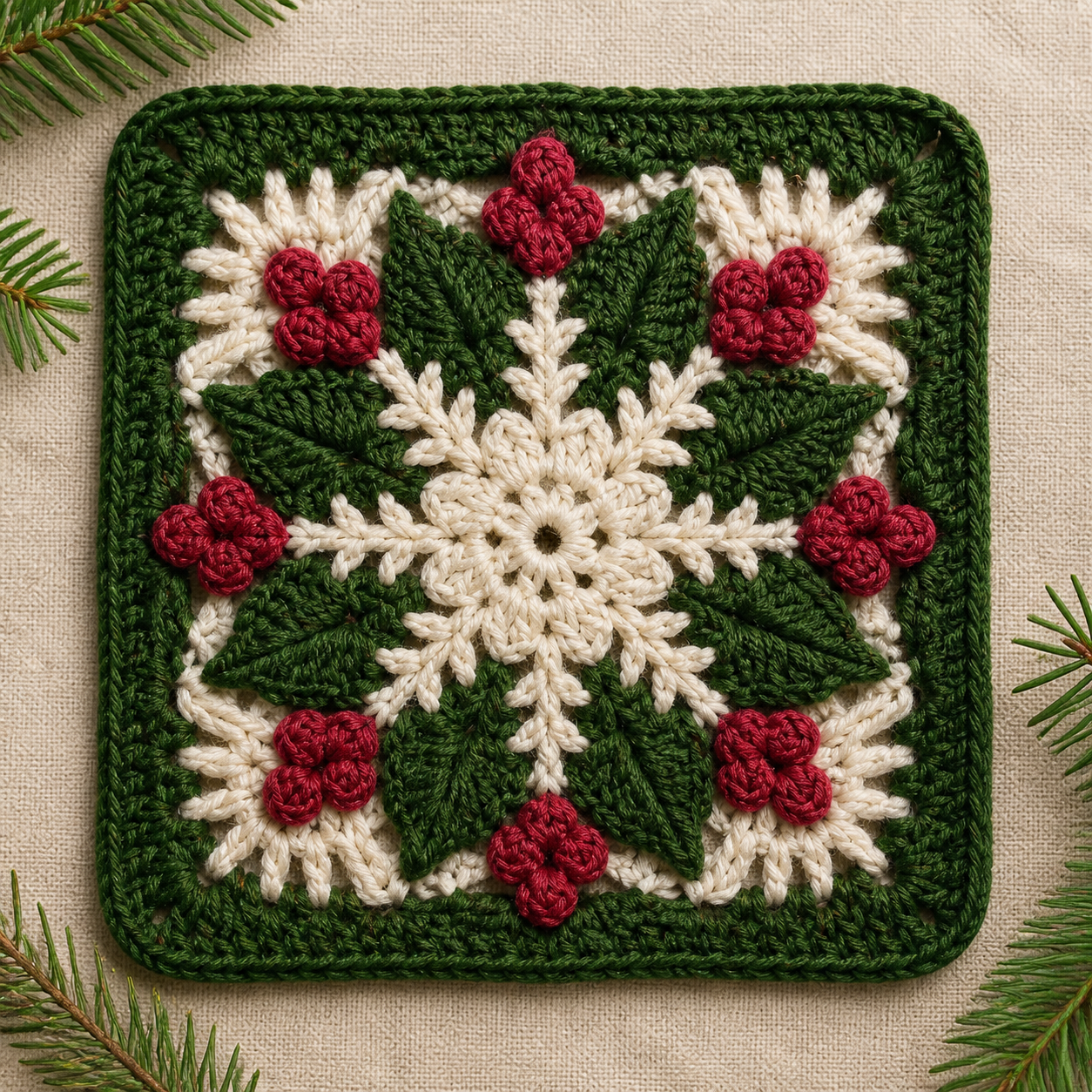 Christmas Holly Granny Square Crochet Pattern