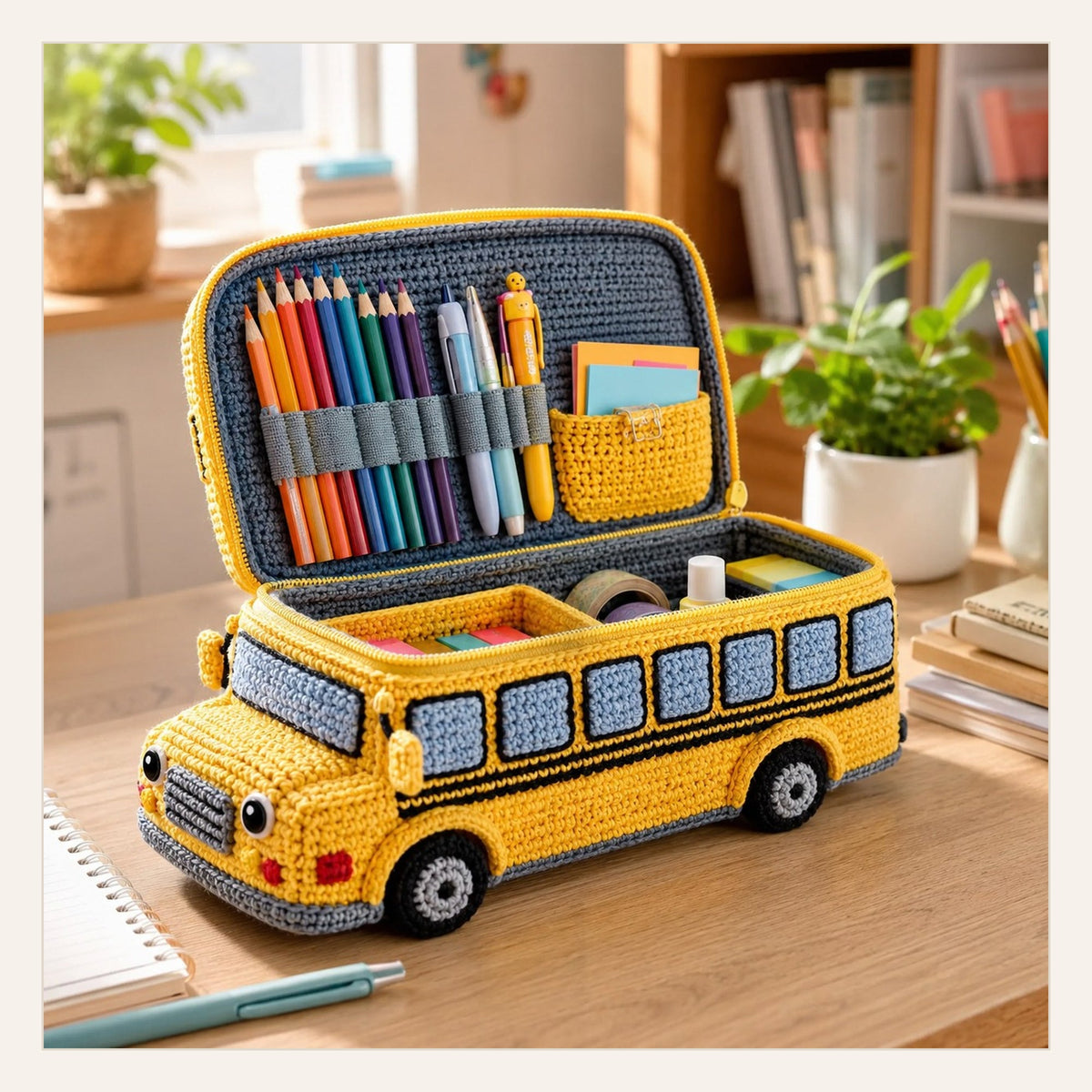 School Bus Crochet Organizer Pattern finished crochet design